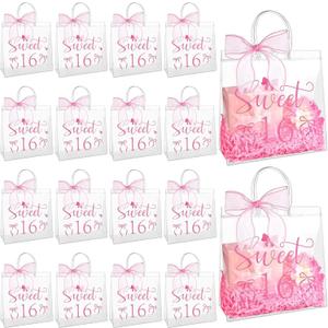 FIONUPI 25 Pcs Sweet 16th Birthday Gifts Bag for Girls 16th Party Pink Clear Gifts Bags with Handles and Bow Ribbons for Daughter Sixteen Birthday Party Favors for Guests