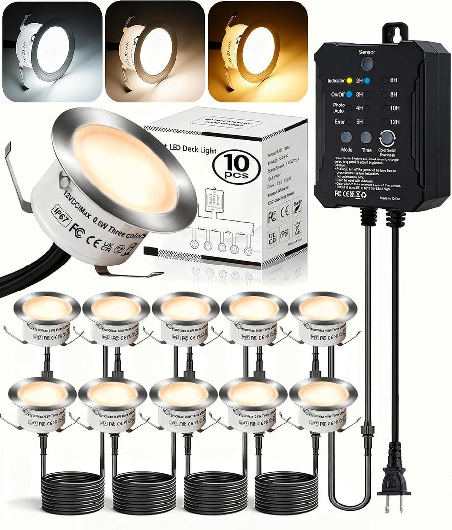 2 x UniHobby Low Voltage Deck Lights with Transformer Dimmable Timer Circuit Protection and Memory Function and Photocell Sensor Outdoor LED Deck Lighting Waterproof for Stair Step Yard Park 10 Packs