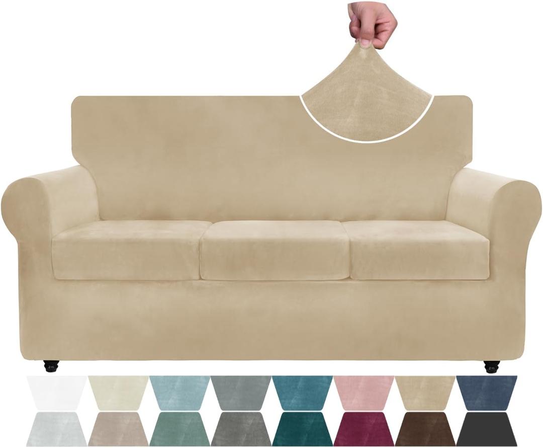 ZNSAYOTX Luxury Velvet Couch Cover 4 Piece (72"-92") Stretch Sofa Covers for 3 Cushion Couch Thick Soft Sofa Slipcover with Non Slip Strap, Dog Pet Friendly Nice Furniture Protector (Camel)