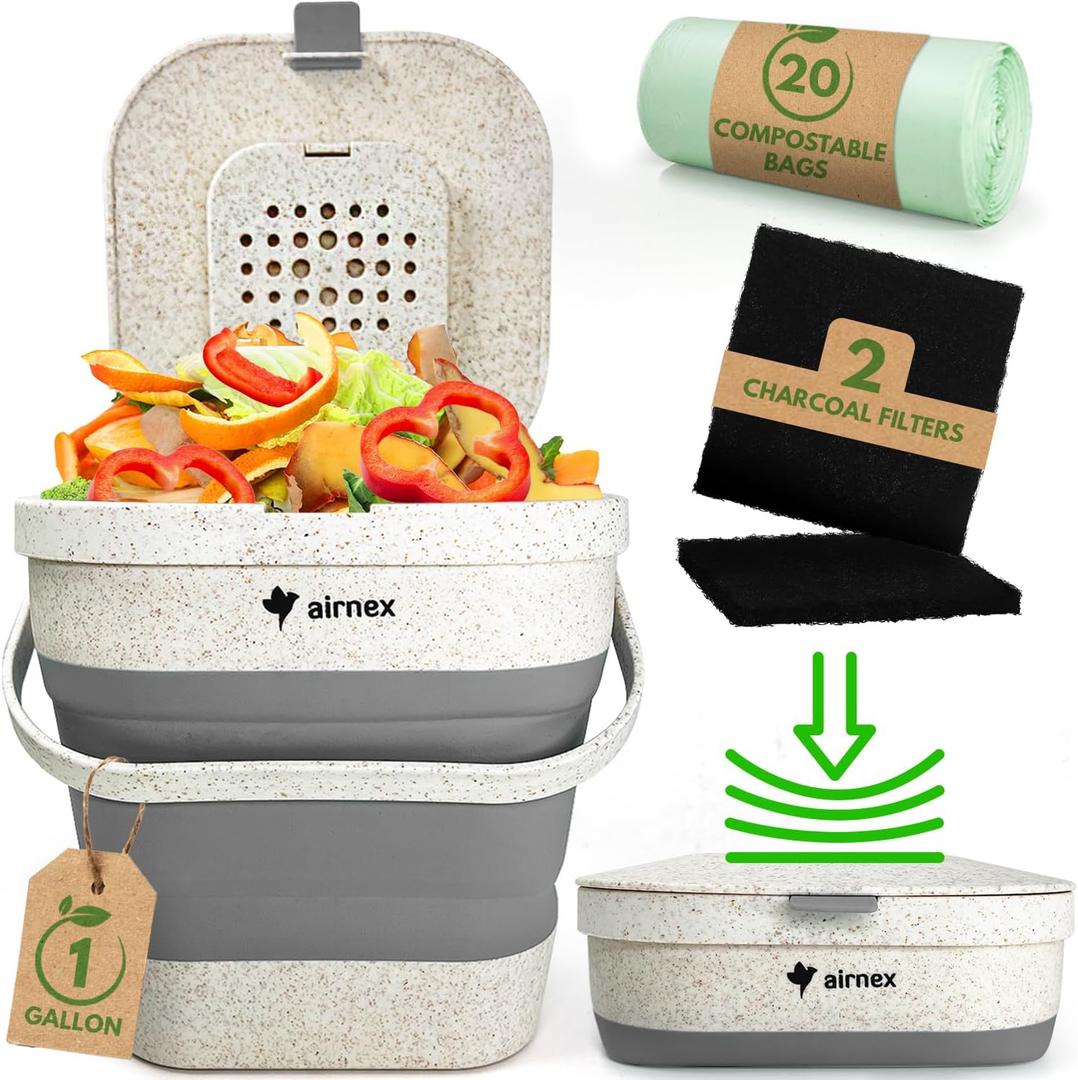 Collapsible Compost Bin Kitchen Counter Caddy - 1 Gallon Countertop Compost Bin with Lid Made of Wheat Straw - Odorless Kitchen Compost Bin Countertop with 20 Compost Bags and 2 Carbon Filters (Gray)