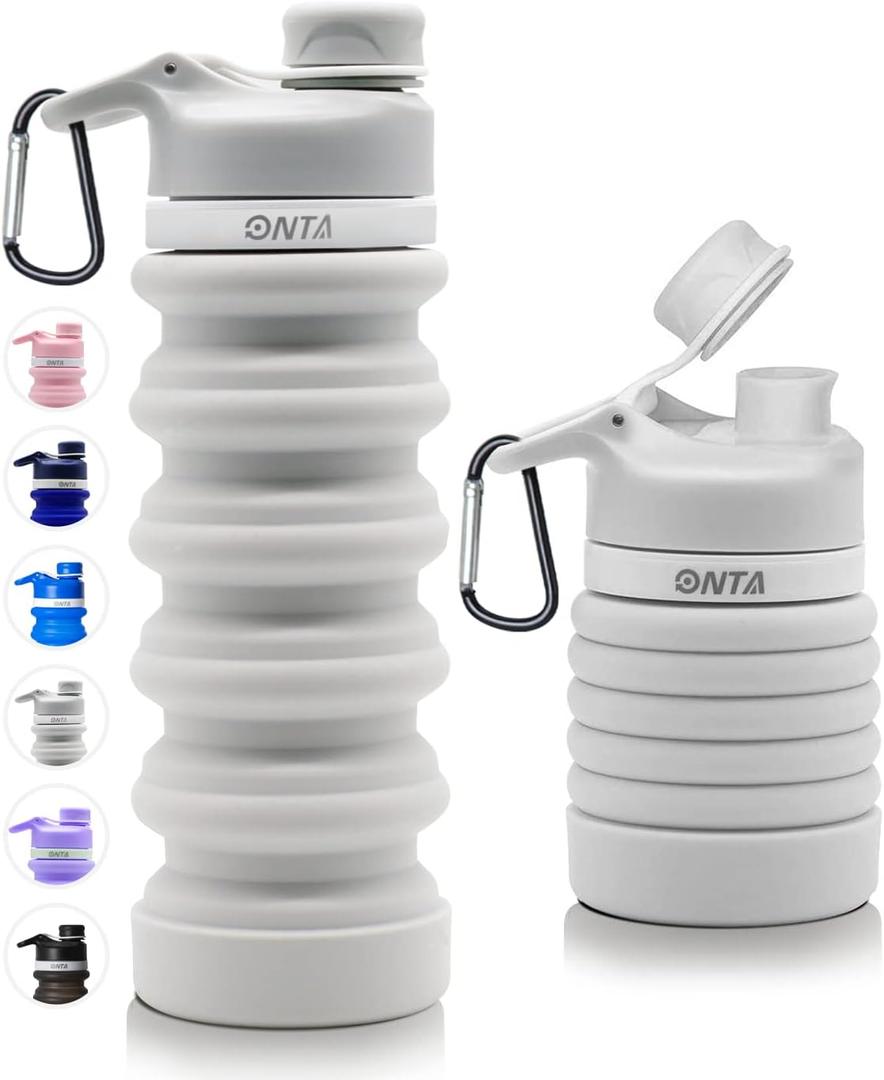 ONTA Collapsible BPA Free Silicone Water Bottle, 20oz - Portable, Leakproof, Easy Clean, Shatter Resistant, Travel Friendly (Grey)