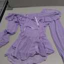 OYOANGLE Women's 2 Piece Off Shoulder Long Sleeve Ruffle Mesh Sheer Nightgowns with Thongs Babydoll Lingerie Set (Purple, S)