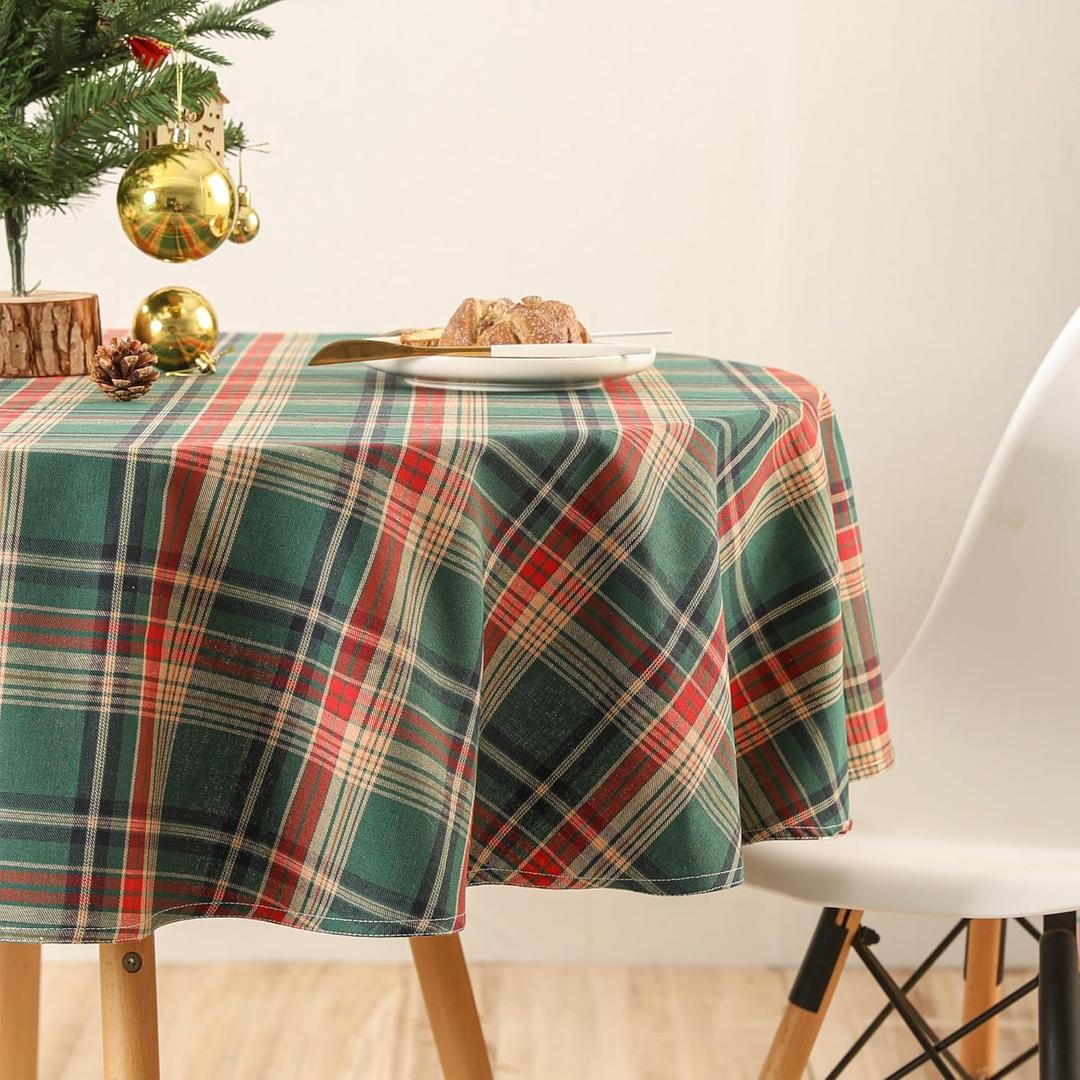 Check Plaid Pattern Round Tablecloth 48 Inch Green Christmas Scottish Tartan Vintage Farmhouse Table Cover for Holiday Picnic Kitchen Dining