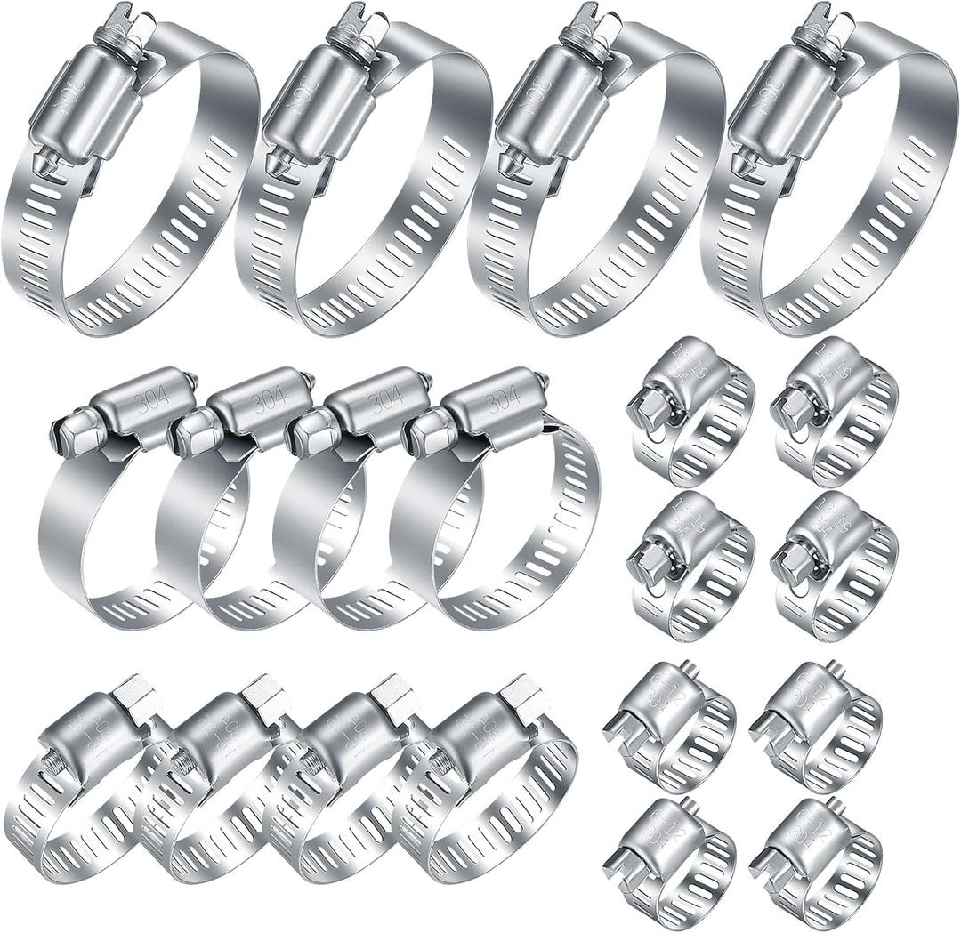 20Pcs Adjustable Stainless Steel Hose Clamps Assortment Kit, 1/4-2 in (6-51mm) Worm Gear Pipe, Fuel LineHeavy Duty for Plumbing, Washing Machine, MechanicalGarden and Automotive Hose Connections