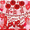 Red Valentines Day Decorations, BE MINE Banner and Heart Hanging, Heart XO Garlands, Red Paper Pompoms, Rose Petals, Love Foil Balloons with Valentines Balloons, for Wedding Anniversary Party Decor