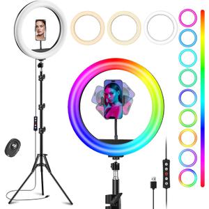 12'' Ring Light with Stand 75'' Tall & Phone Holder, 100+ Color Modes Selfie Light with Tripod Stand, Big LED Circle Lights for iPhone/Android/Camera/YouTube/Makeup/Live Stream/TikTok/Video