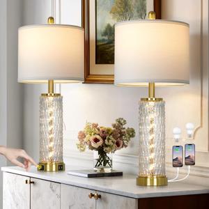 28" Gold Glass Table Lamps Set of 2, Gold Modern Bedside Lamp with LED Night Light, USB A+C, Glass Lamps for Living Room, Bedroom, Nightstand, Office, End Table (2 Bulbs Included)