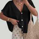 PRETTYGARDEN Womens 2026 Summer Oversized Cardigans Batwing Short Sleeve Lightweight Button V Neck Casual Knit Sweater Tops (Black, Large)