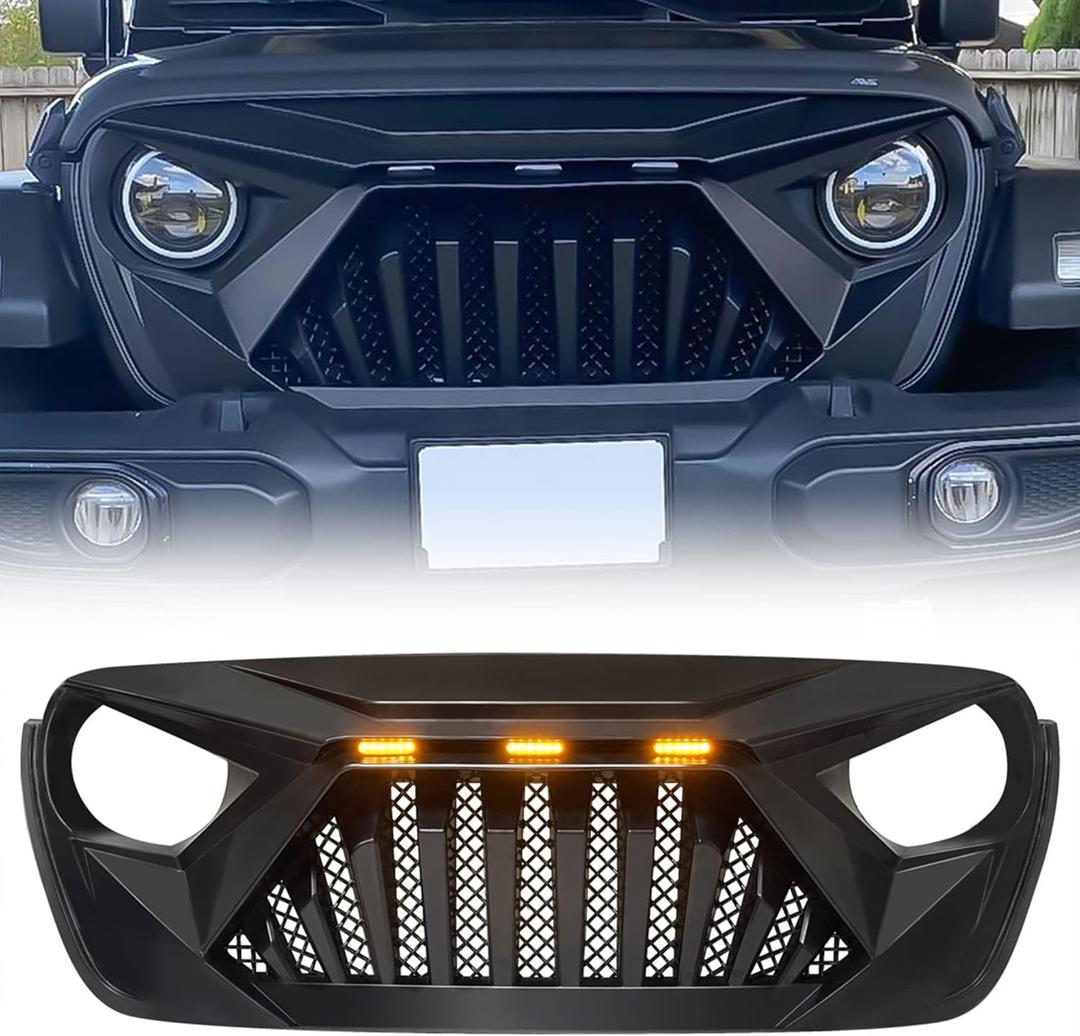 American Modified Goliath Grille w/LED Amber Lights Compatible with 2018+ Jeep Wrangler JL and 2020+ Gladiator JT Models w/o TrailCam, Matte Black