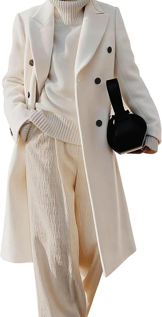 IDEALSANXUN Womens Long Wool Coats Fall Winter Double Breasted Trench Coat Peacoat (Medium, White)