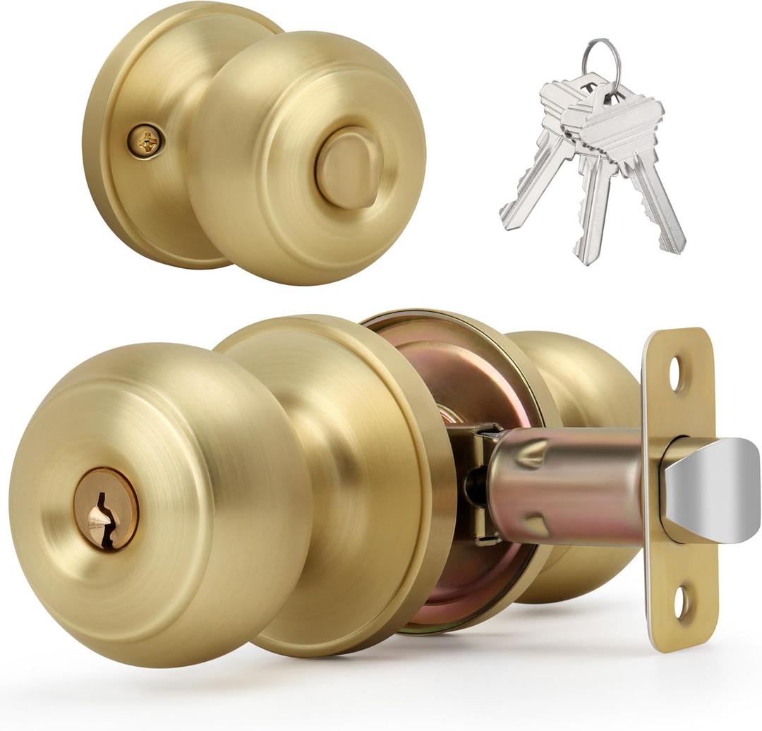 Brushed Gold Flat Ball Door Knob with Keys and Lock, Keyed Entry Round Design Doorknob for Front/Entrance Doors, Satin Brass Finish (1 Pack)