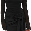 HOCILLE Women's Sexy Off Shoulder Bodycon Mini Dress Mesh Long Sleeve Wrap Tie Waist Ruched Party Dresses (Black) S