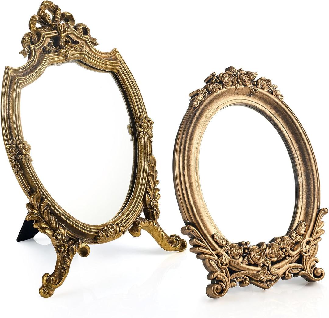 2 Pcs Small Gold Vintage Mirror Antique Vanity Makeup Desk Mirror Traditional Arch Tabletop Mirrors with Stand Baroque Decorative Wall Art for Living Room Bedroom Dresser Decor