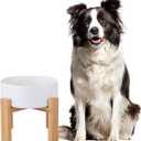 Raised Ceramic Large Dog Bowl - Heavy Weighted Dog Dish with Bamboo Stand - Elevated for Comfortable Feeding - 8.3" W x 8" H - 4.5 Cups (68 fl oz) - White