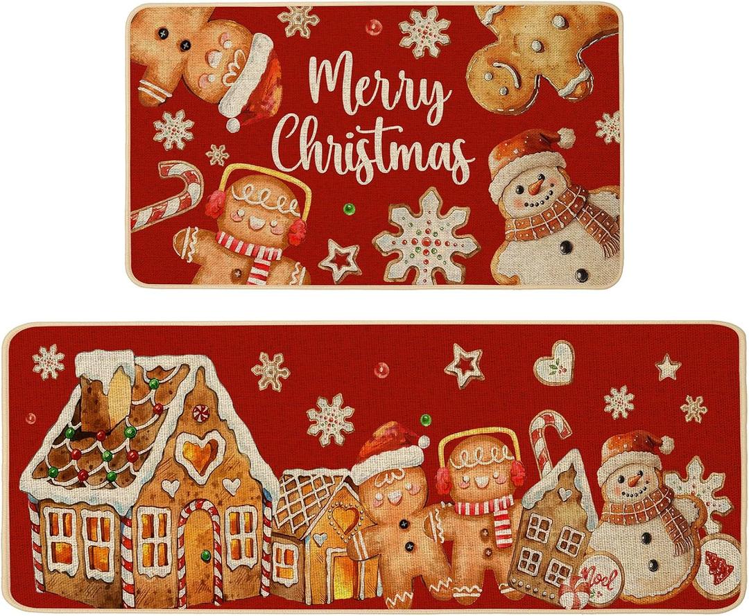 Baccessor Christmas Gingerbread Kitchen Rugs Set of 2,Red Gingerbread House Xmas Winter Snowman Kitchen Mats Washable Non Slip for Floor Hallway Laundry Sink Holiday Home Decor 17x29 and 17x47 Inch