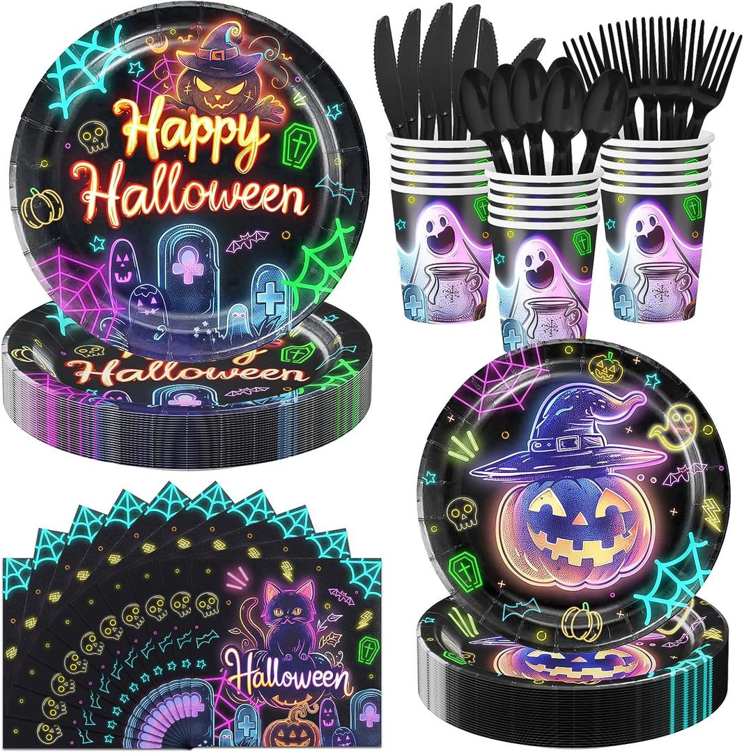 350 Pcs Halloween Party Decorations Supplies for 50 Guests, Halloween Birthday Party Decorations Including Plates, Dessert Plates, Paper Cups, Napkins, Knives, Forks and Spoons for Horror Party Decor