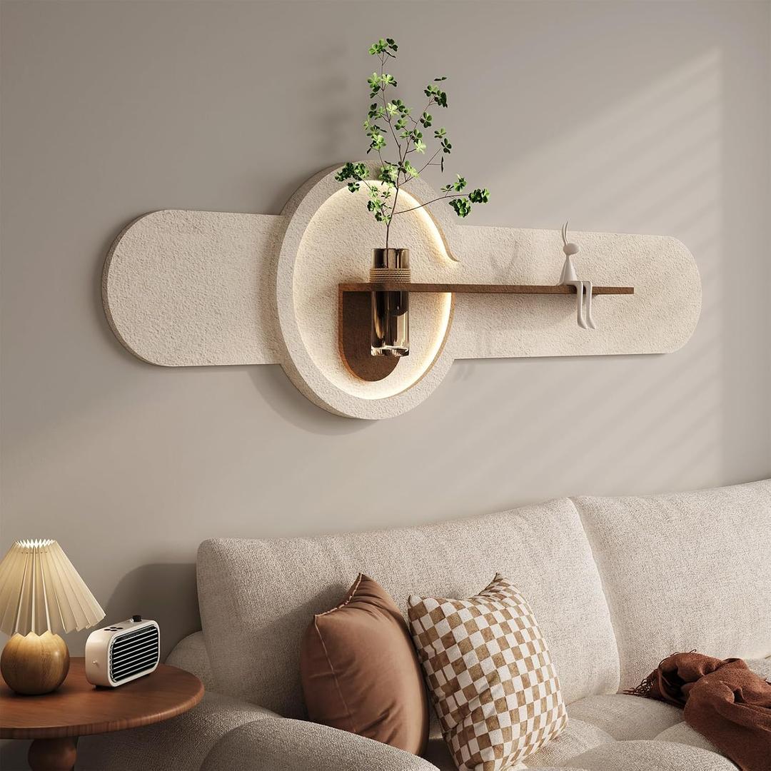 3D Textured LED Horizontal Wall Art Decor for Living Room, Large Lighted Minimalist Beige Cream Sandstone Wall Decor with Shelf, Modern Backlit Sculpture Artwork for Bedroom, Dining Room, Office