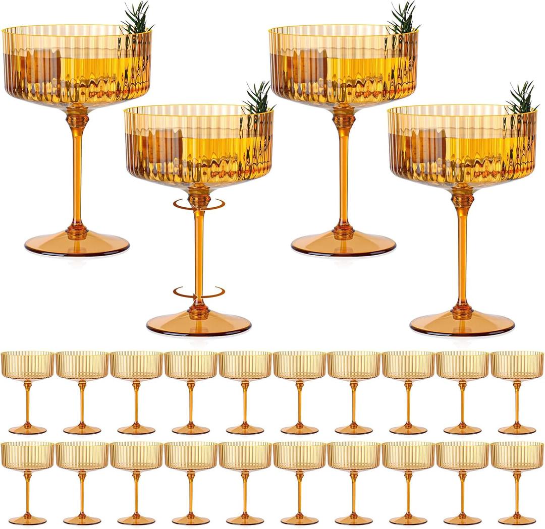 24 PCS Ribbed Coupe Glasses Amber Plastic Champagne Coupe Cup 10oz Detachable Gold Rim Espresso Martini Glass Vintage Margarita Glassware Cocktail Glass Disposable for Thanksgiving Wedding