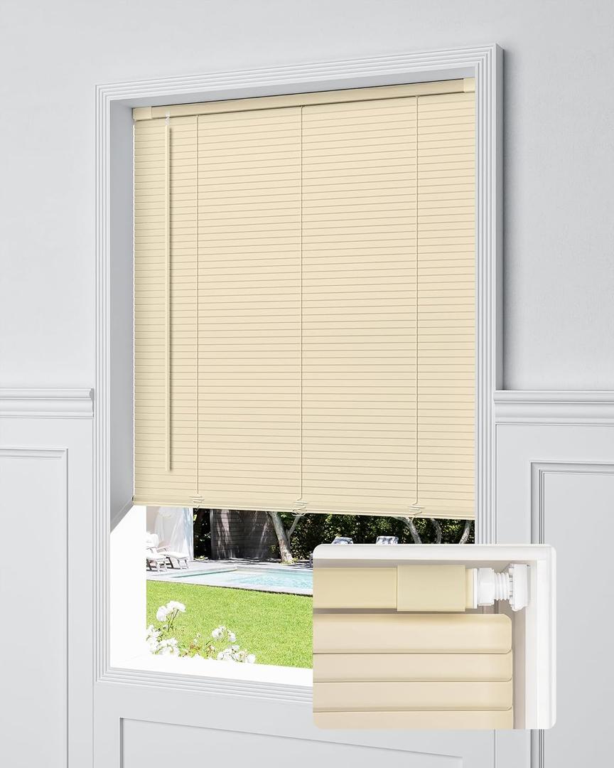 UNISHADES No Drill Blinds for Windows 1" Vinyl L-Shaped Slats Cordless Mini Blinds for Home, for Window Size 46" W × 48" H Beige