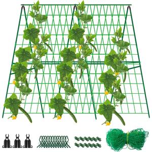 48 x 48 Inch Foldable Cucumber Trellis for Raised Bed- A-Frame Garden Trellis for Climbing Plant Outdoor with Climbing Net and Plant Support Clip for Outdoor Plants Zucchini Vegetables Tomato Flowers