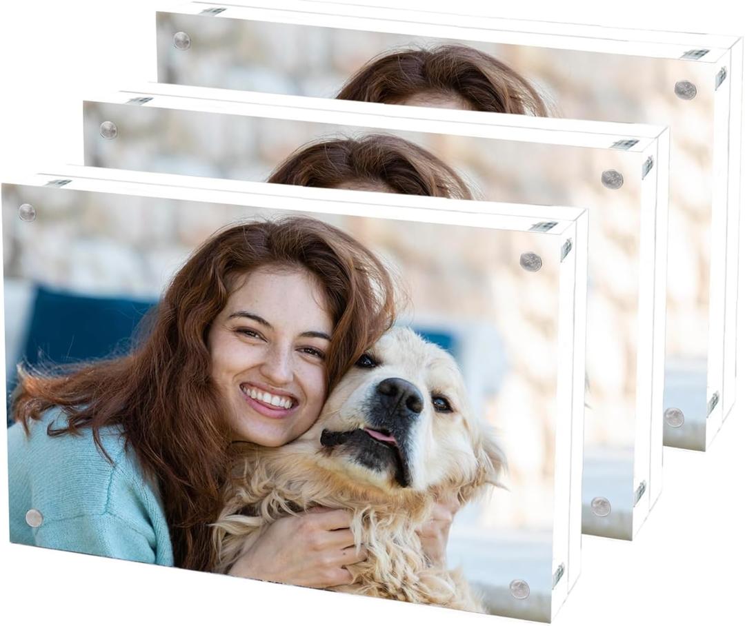 Acrylic Picture Frame 4x6, Double Sided Photo Frames for Refrigerator with Magnetic Corners, Transparent Acrylic Frame for Desk or Tabletop Display Family,Wedding, Baby Pictures(3 Pack)