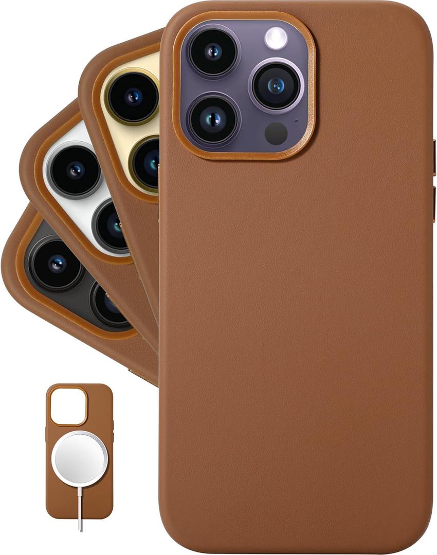 LONLI Classic - (for iPhone 14 Pro Max) - European Nappa Leather Case - Smoothen and Soften Over Time - Compatible with Magsafe - Saddle Brown