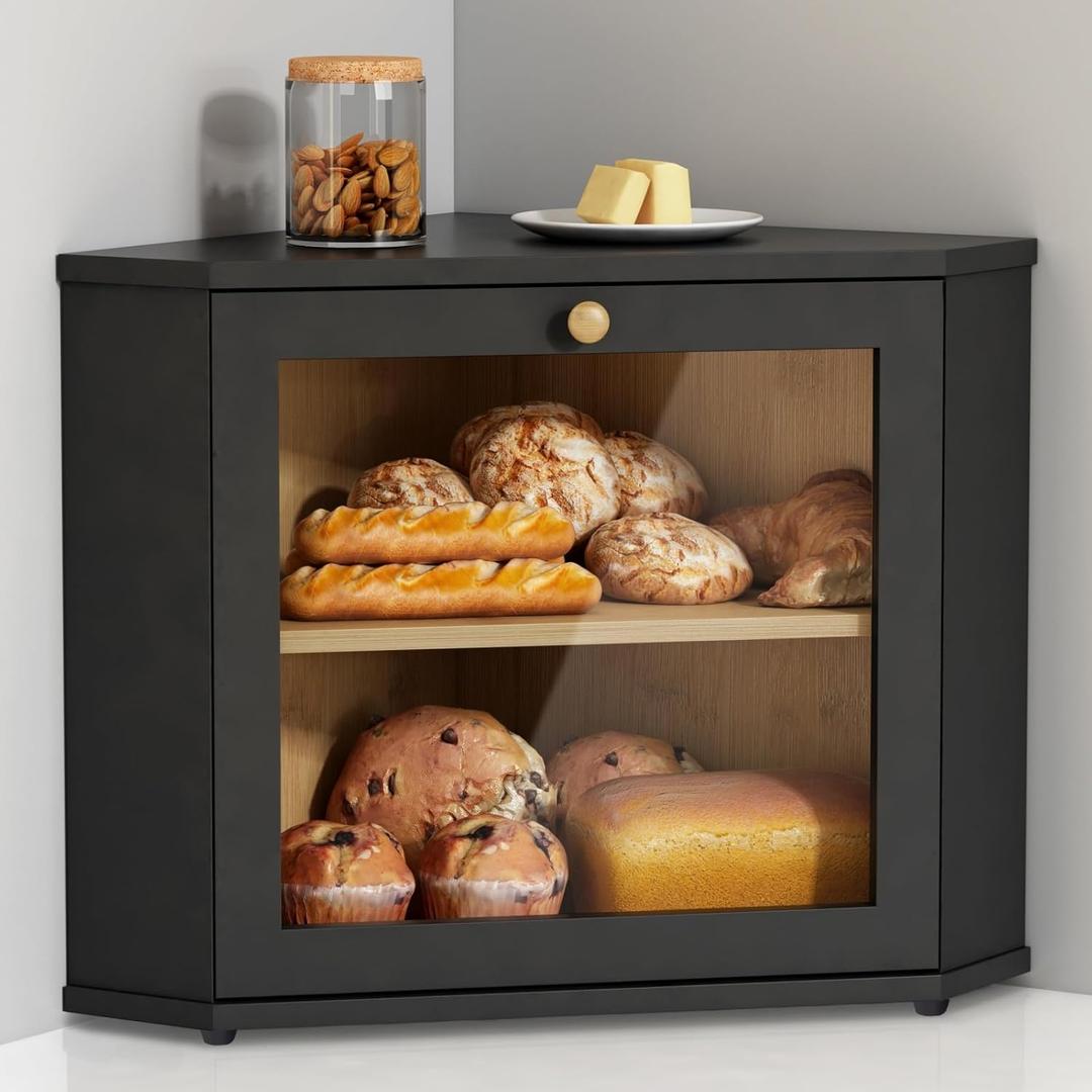 Corner Bread Box for Kitchen Countertop, Black Bread Storage Container for Homemade Bread, Two Layer Breadbox under Cabinet Mount, Large Bread Holder for Kitchen Counter, Pantry Shelf, Black