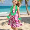 ZIW Girls Pinkish-Red Tropical Cosmos Flower Sundress Kids Hawaiian Costume with Luau Party Accessories Halloween Costumes (11-12 Years)