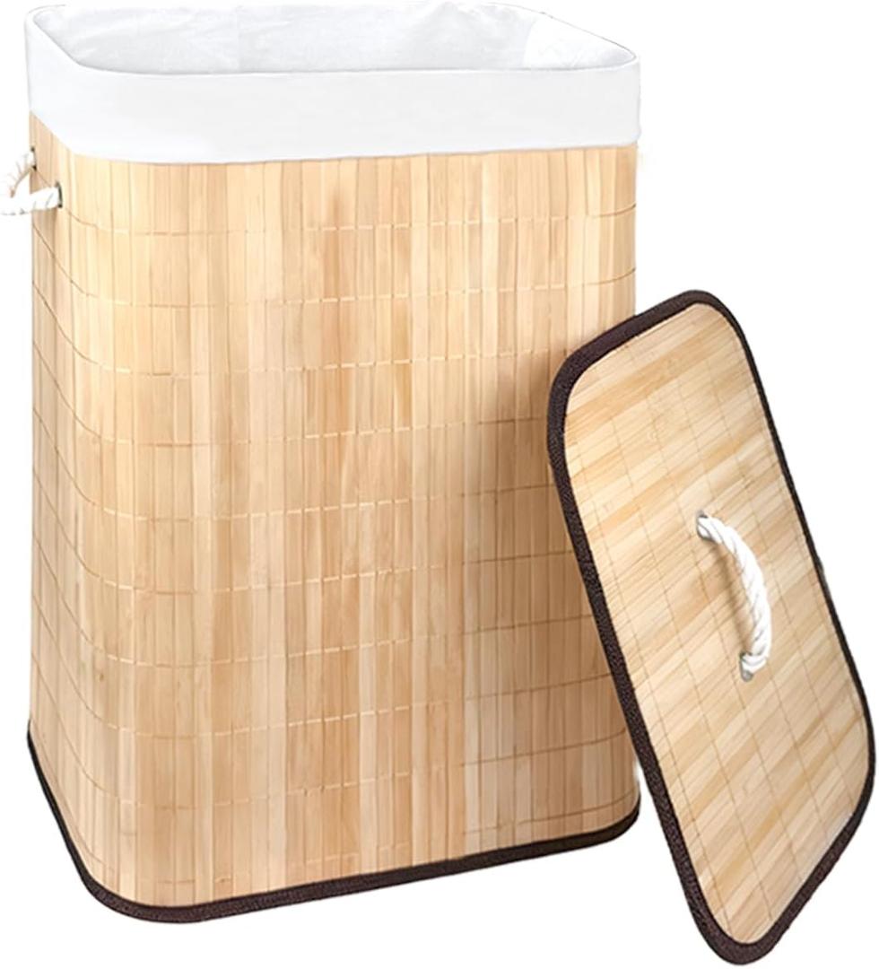 21 Gallon Bamboo Slim Trash Can with Lid,Slim Laundry Hamper,Removable and Machine Washable Liner,Foldable Slim Rectangular Laundry Basket for Laundry Room,Bedroom,Salon Spa, 12.99 inches x 1.57 inches x 23.62 inches