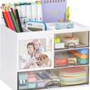 Multifunction Desk Organzier with Drawers, Cosmetic/Makeup Vanity Organizer Box, 3 Drawers Plastic Stationary Storage Organzier, Desktop Desk Storage Drawers for Office Supplies, School, Home (White)