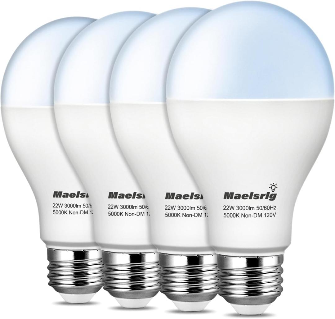 Maelsrlg 200 Watt LED Bulb Equivalent, A21 22W 3000 Lumen LED Light Bulb, Daylight 5000K, Non-Dimmable E26 Medium Base 120V-High Output 200W LED Light Bulbs for Garage, Shop, Warehouse, 4-Pack