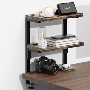 Spacrea clamp on Desk Shelf, 2 Tier Office Desk Shelves Organizer, Wood Desktop Supplies Storage Rack, Desk Organizers and Accessories (Wood)