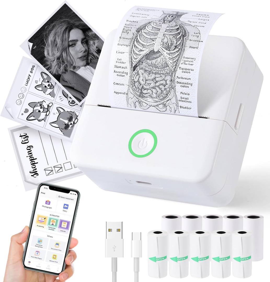 Print Pods Mini Printer, Thermal Inkless Sticker Maker with 10 Rolls Printing Paper, Pocket Printpod for phone, Impresora Porttil for Notes, Flashcards, Journal, DIY, Compatible with iOS & Android (White)