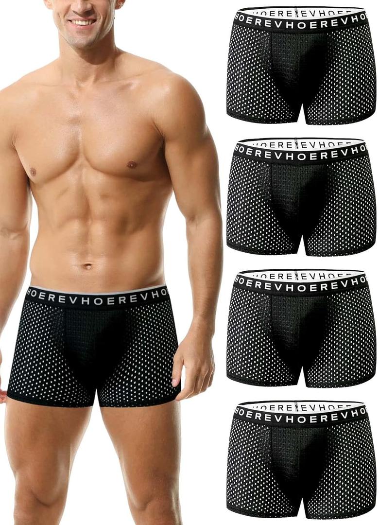 Hoerev Pack of 4 Mens Super Soft And Comfortable Fiber Briefs Trunks Underwear (Large, Pack of 4 Blacks With Mesh Holes)