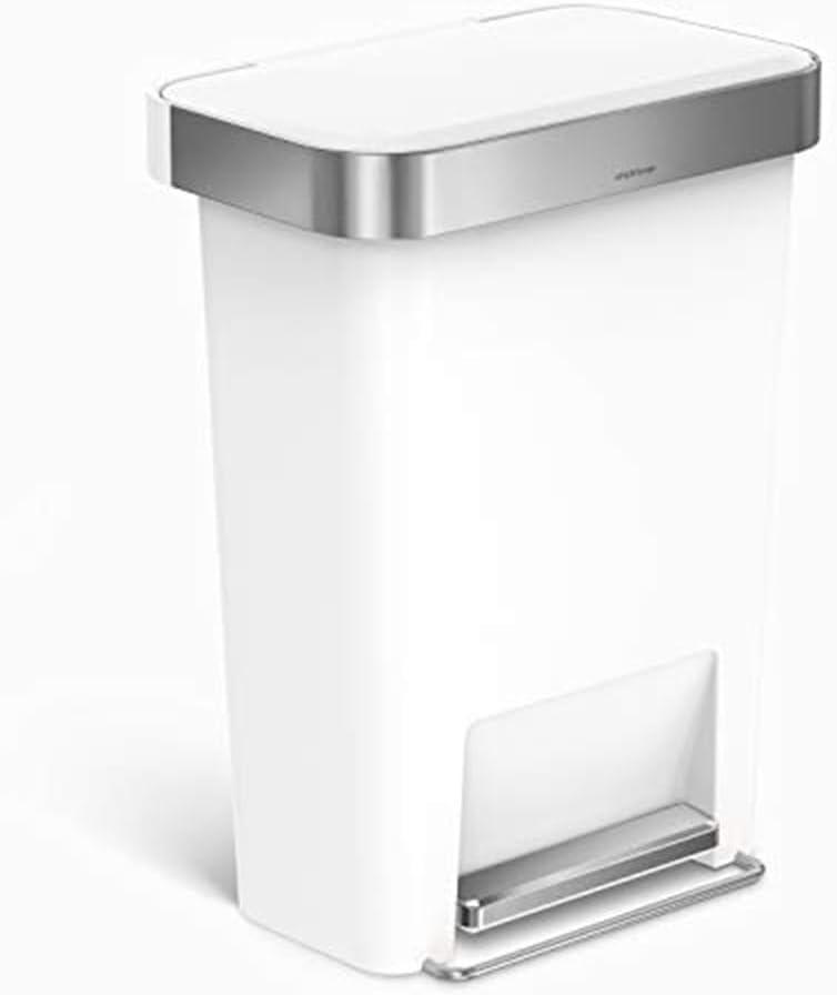 simplehuman 45 Liter / 12 Gallon Rectangular Kitchen Step Trash Can with Soft-Close Lid, White Plastic