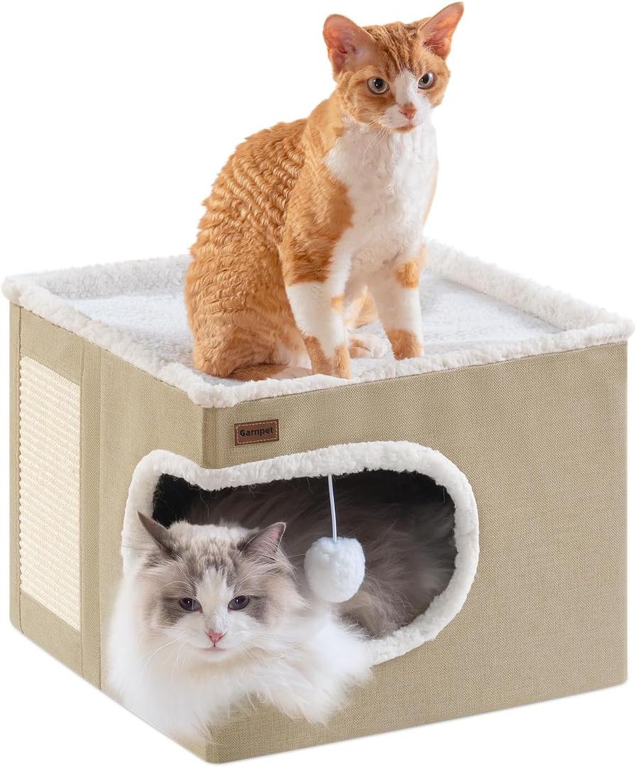 Cat Bed for Indoor Cats Cube House, Covered Cat Cave Beds & Furniture with Scratch Pad and Hideaway Tent, Cute Modern Cat Condo for Multi Small Pet Large Kitten Kitty, Khaki (16.5"D x 16.5"W x 13"H, khaki)