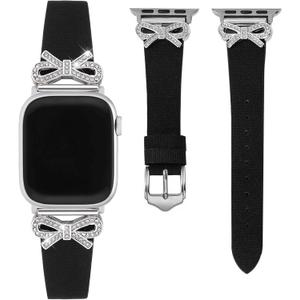 Crystal Bowknot Geniune Leather Watch Band for Women Compatible for Apple Watch 38/40/41/42/44/45/46/49mm, Slim Leather Strap (Black & Silver)