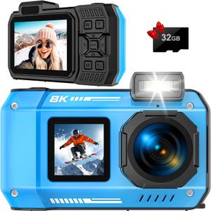 Underwater Camera 8K 70MP Digital Camera 33FT Waterproof Camera with 32GB Card Rugged Dustproof Shockproof (Blue)
