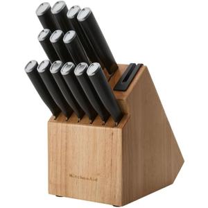 KitchenAid Classic Step Knife Block Set with Built-In Knife Sharpener, High Carbon Stainless Steel Kitchen Knives, Sharp Kitchen Knife Set with Block, 14-Piece, Natural