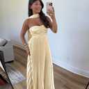 Women Bridesmaid Dress with Scarf Strapless Pleated Flowy Formal Evening Gown Maxi Dresses (Gold, S)