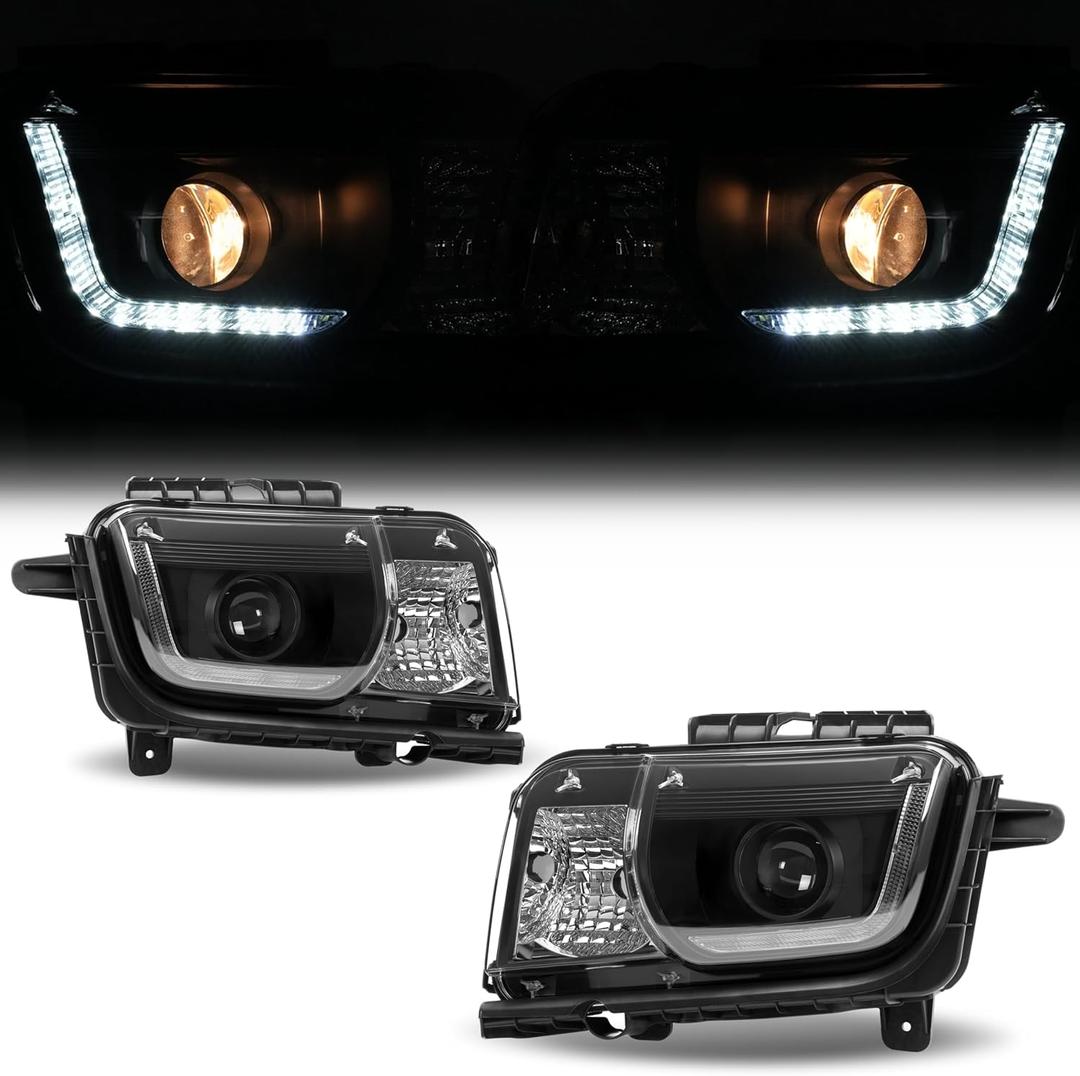HECASA Pair Projector Headlight Compatible with 2010-2013 Chevy Chevrolet Camaro Replacement for GM2502346 GM2503346 w/LED Tube DRL Front Light Lamp Left & Right - Clear Lens Black Housing