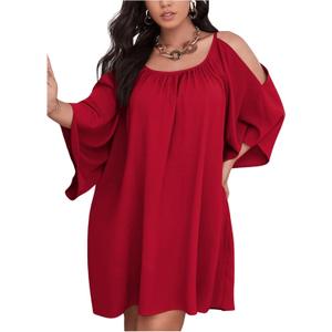 SOLY HUX Women Plus Size Summer Dress Cold Shoulder Short Sleeve Casual Loose Short Dresses (Plain Red, XL)