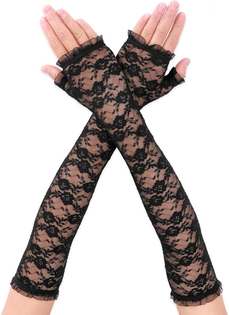 Lusofie Long Lace Gloves Formal Fingerless Women Bridal Lace Floral Gloves for Wedding Tea Party Prom Arm Sleeves (Black)