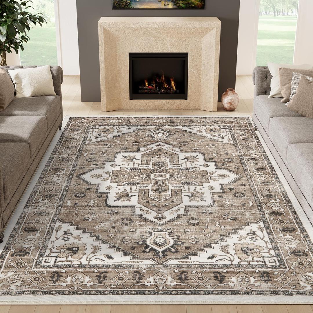 jinchan Washable Area Rug 6x9 Tribal Low Pile Living Room Stain Resistant Boho Distressed Carpet Faux Wool Soft Ultra-Thin Non Slip Accent Rug Kitchen Bedroom Dining Room Farmhouse Brown