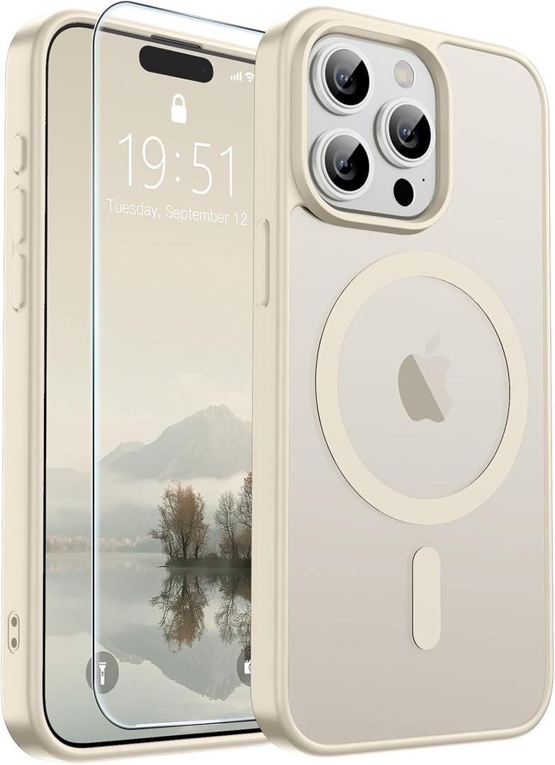 SUPFINE Magnetic for iPhone 15 Pro Max Case (Compatible with MagSafe) (Military Grade Drop Protection) Translucent Matte Shockproof with Anti-Fingerprint Phone Case,Antique White