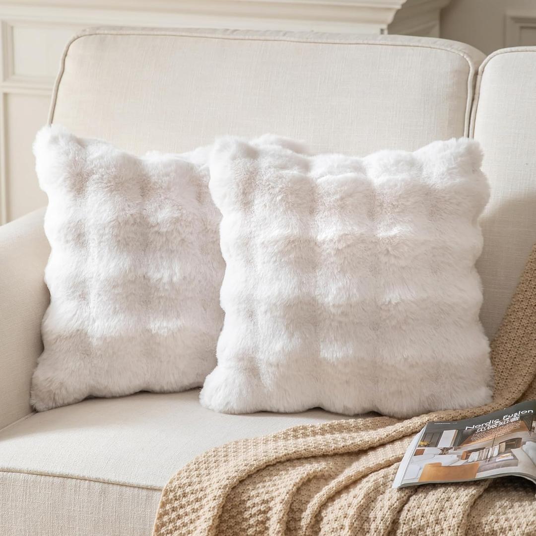 Pack of 2 Thick Plush Throw Pillow Covers Fluffy Wave Faux Fur Decorative Cushion Covers Soft Wool Pillowcase for Sofa Couch Livingroom 22x22 Inch White