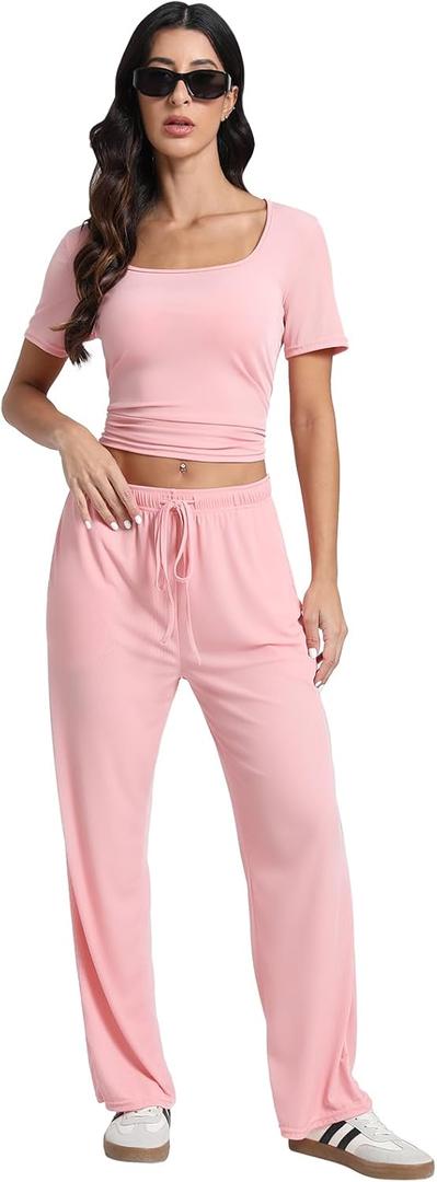 Women's 2 Piece Set Summer Outfits I Lounge Sets Short Sleeve Tops I High Waisted Wide Leg Pants Tracksuit Sets, XL, Pink