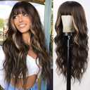 Lativ Brown Wig With Bangs Long Wavy Brown Hightlight Wigs Natural Curly Synthetic Wig for Women Daily Party Use 26 Inches