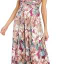 R&M Richards Women's Elegant Textured Floral Print Maxi Dress | V-Neck Gown W/Ruched Knotted Waist | Evening Cocktail Party (10 Petite)