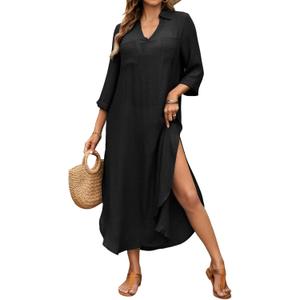 Bsubseach Womens Bathing Suit Cover Up V Neck Long Swimsuit Cover Up Beach Shirt Dress Swimwear with Pockets (XX-Large, Black)